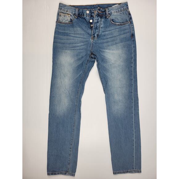 mnml Paisley Print‎ Blue Denim Mens 32 Slim Straight Western Jeans - Picture 1 of 8